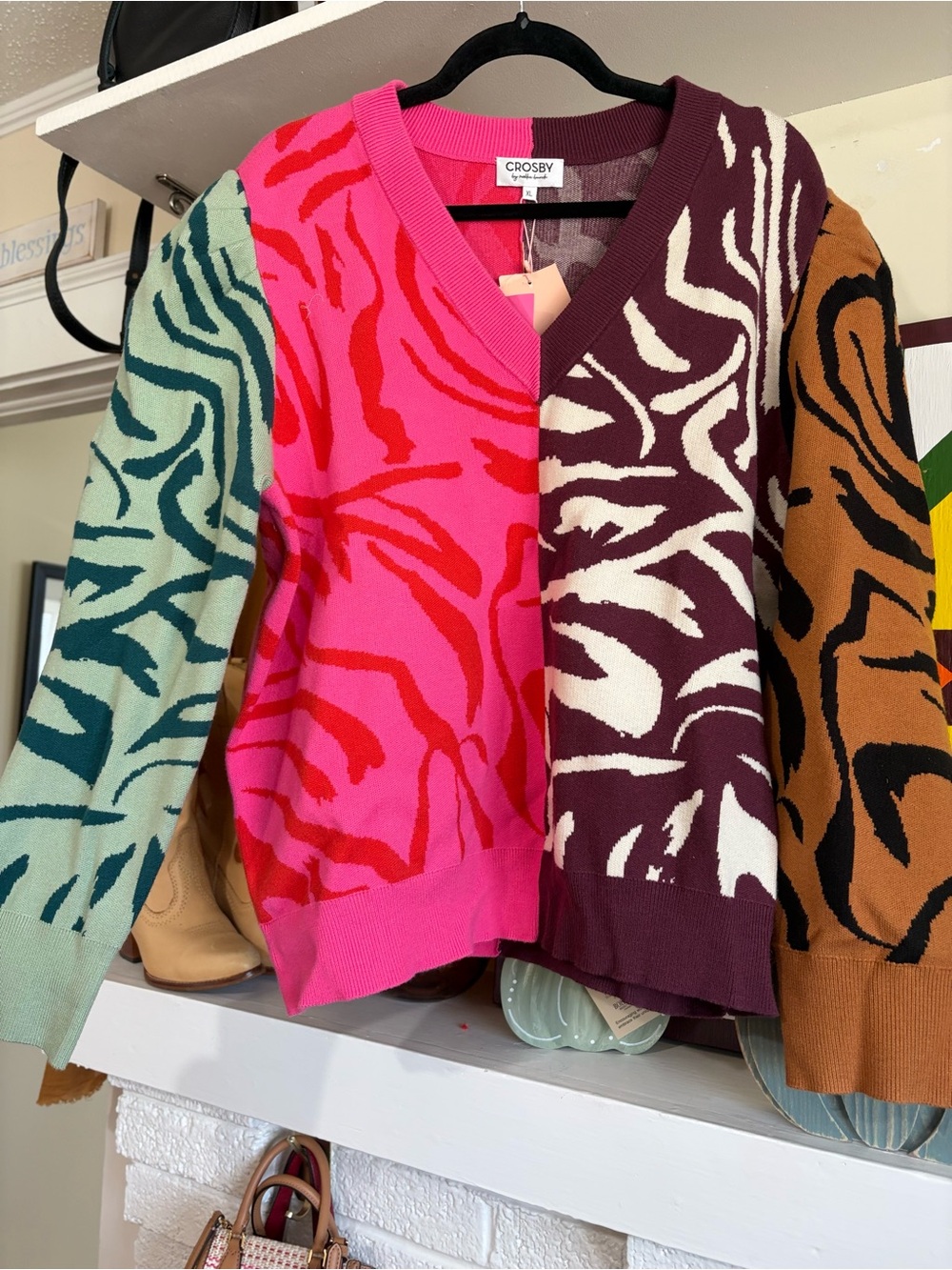 crosby. Colorblock Zebra V-Neck Sweater — Pink, Mint, Burgundy, Tan